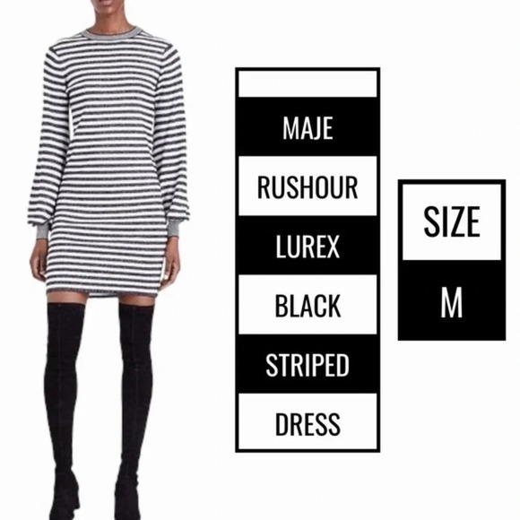 Maje black and silver striped mini dress with long drama sleeves size medium - Picture 1 of 11